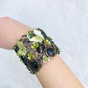 Vintage Green Enamel Butterfly Rhinestone Cuff Bracelet Wire Wide 2.5”  Gorgeous